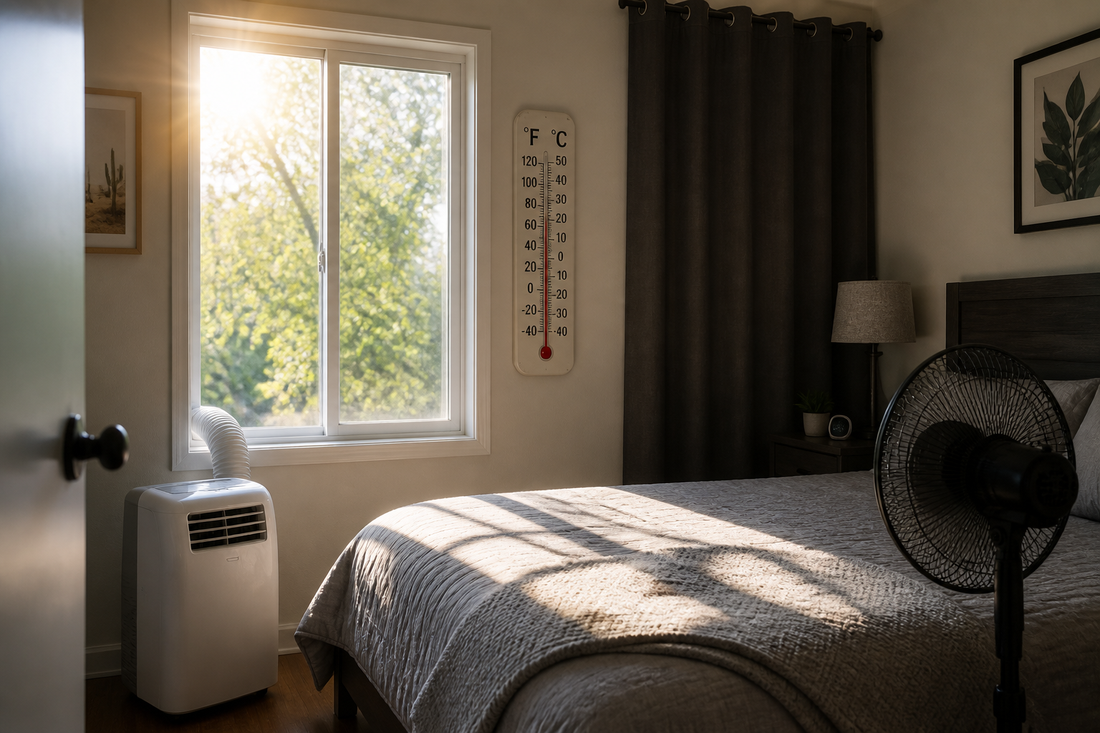 A warm bedroom with strong sunlight entering through a window and a thermometer showing a high temperature