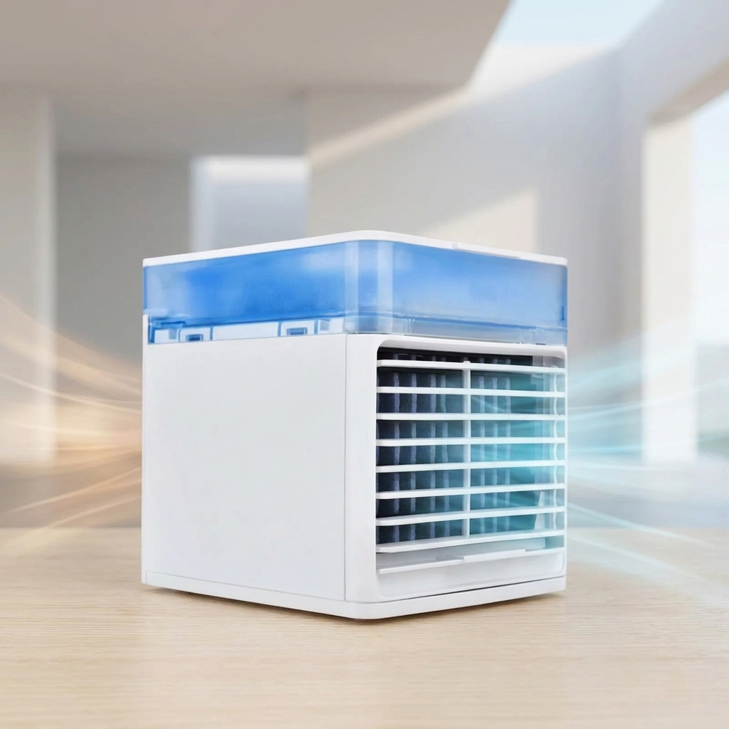 Mini water-cooled spray desk fan releasing a fine mist
