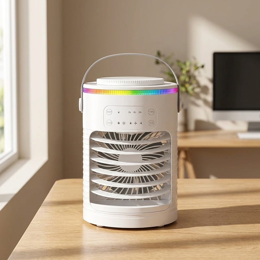 Desktop mist air cooler in a vacation rental bedroom