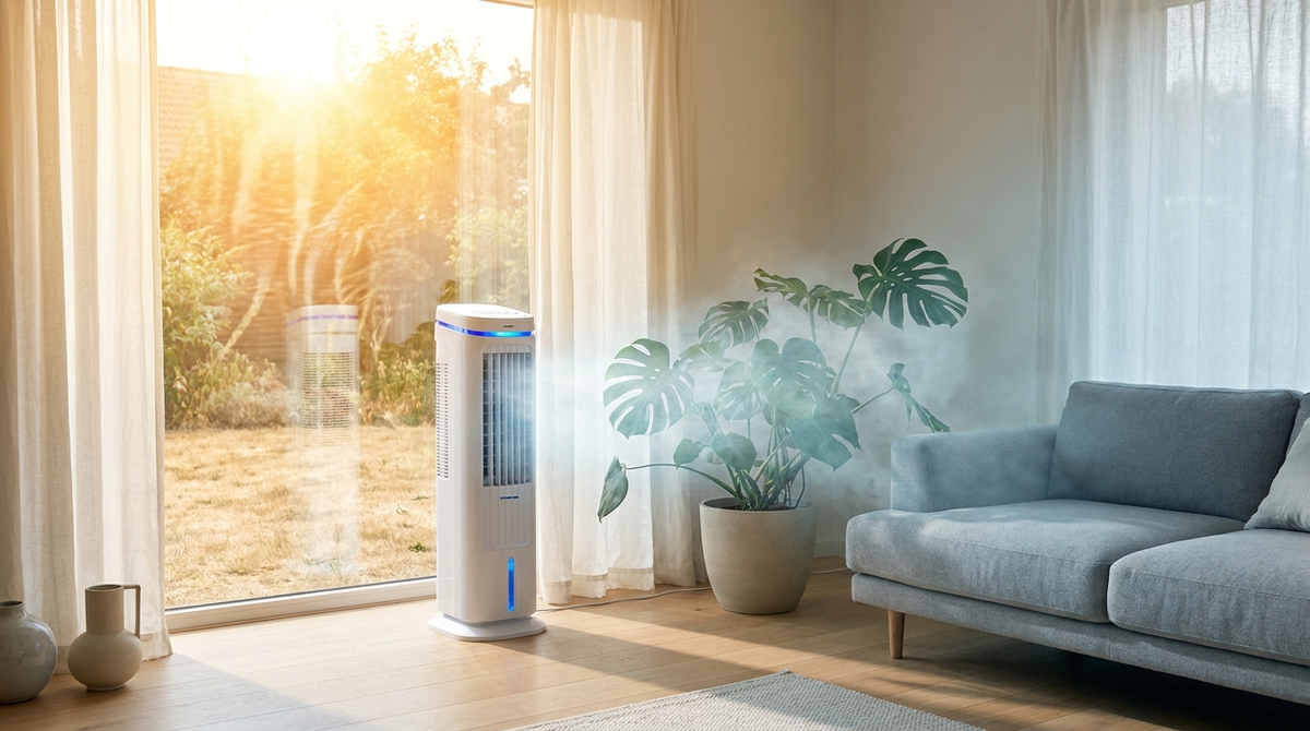 Living room cooled by a portable evaporative air cooler on a hot summer day