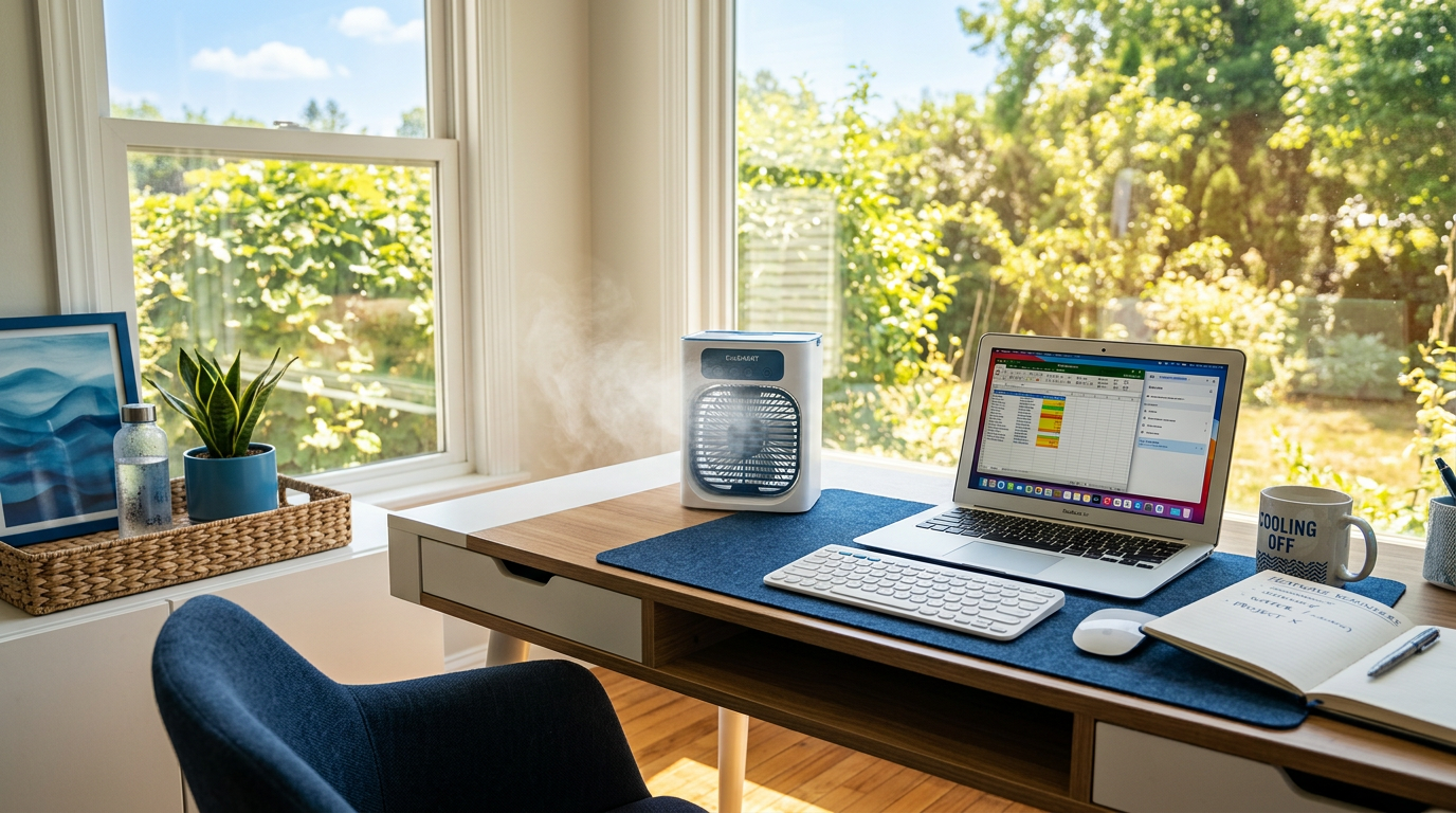 Desktop mist air cooler on a home office desk near a sunny window