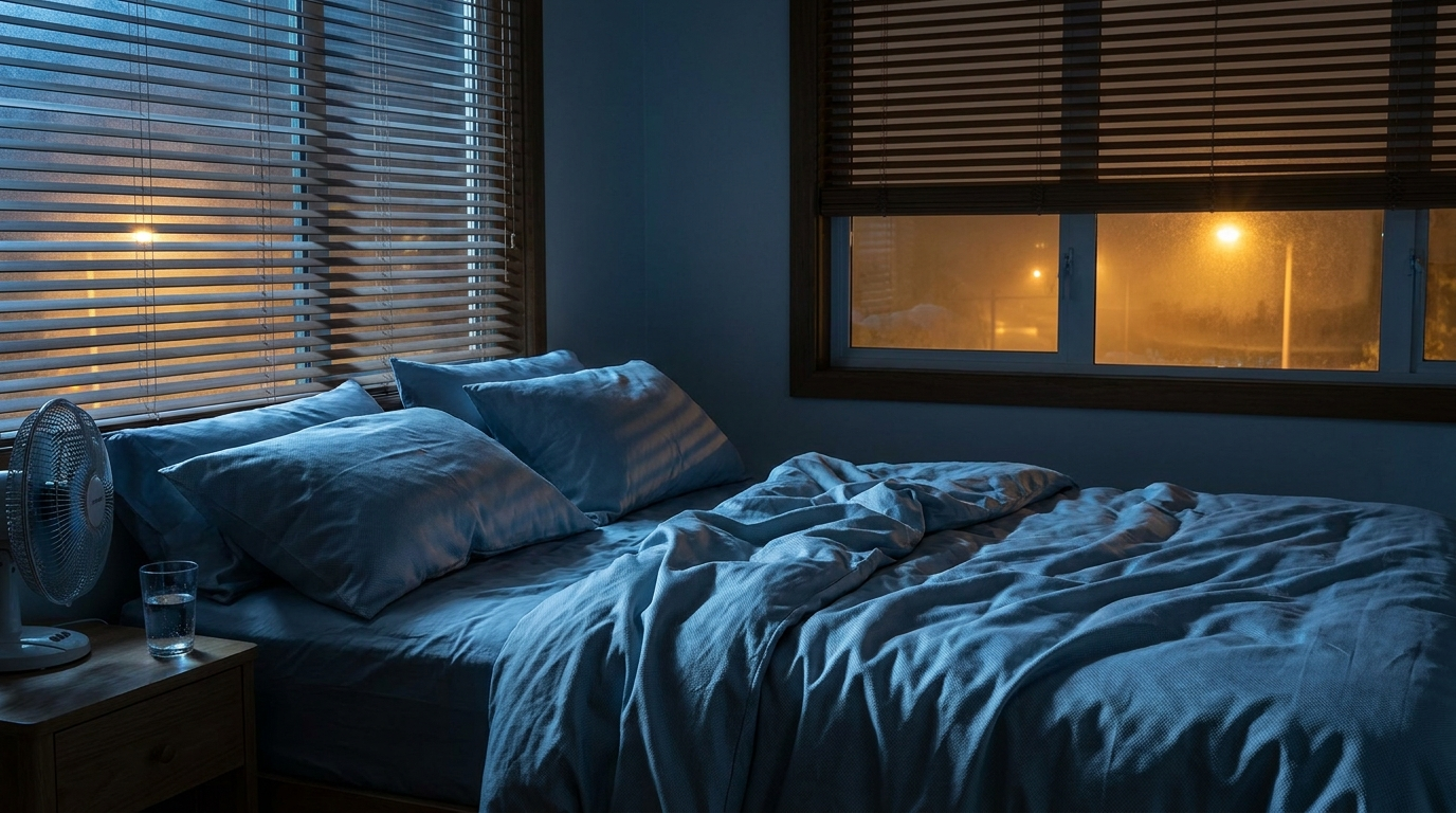 Bed made with cool-toned ice silk bedding on a warm summer night