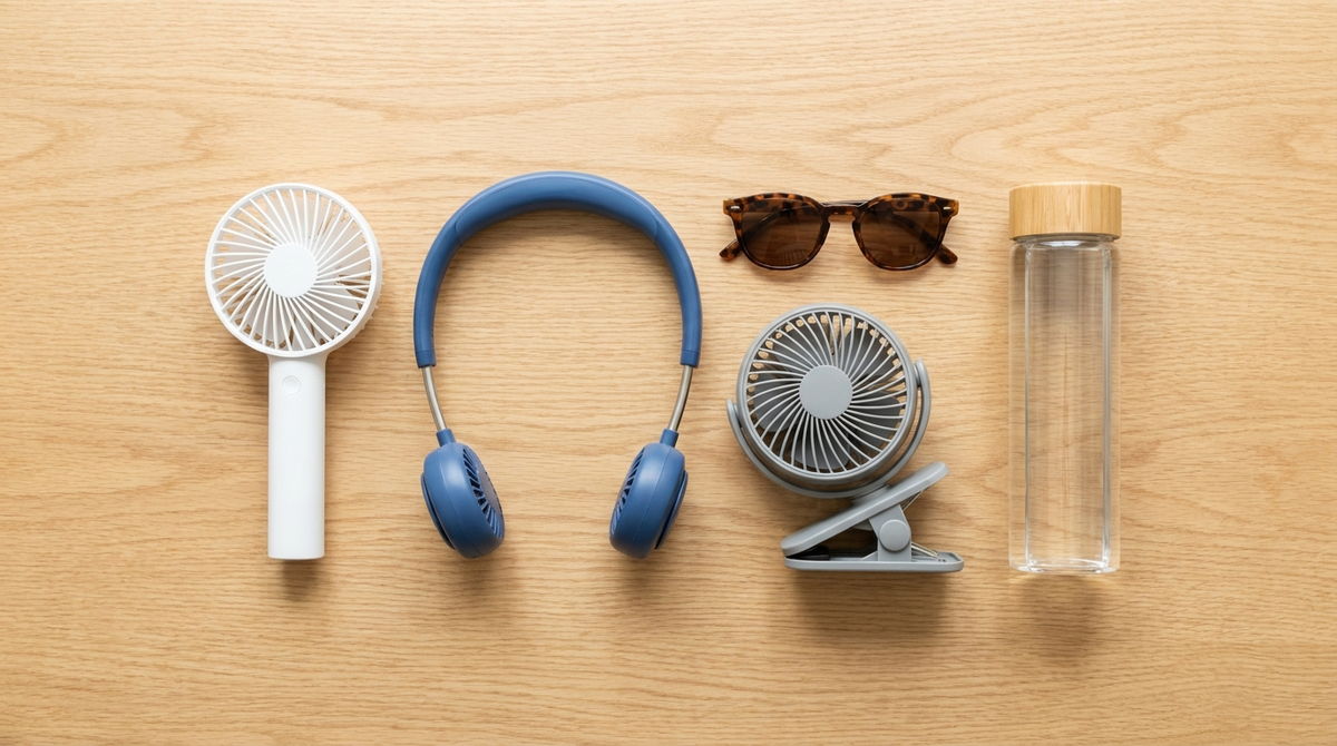 Small portable cooling gadgets including a handheld fan and neck fan