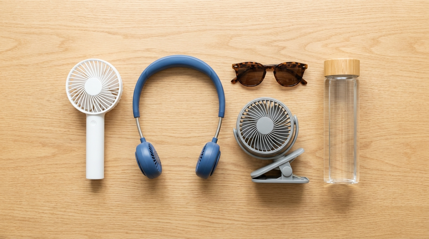 Small portable cooling gadgets including a handheld fan and neck fan laid out on a table