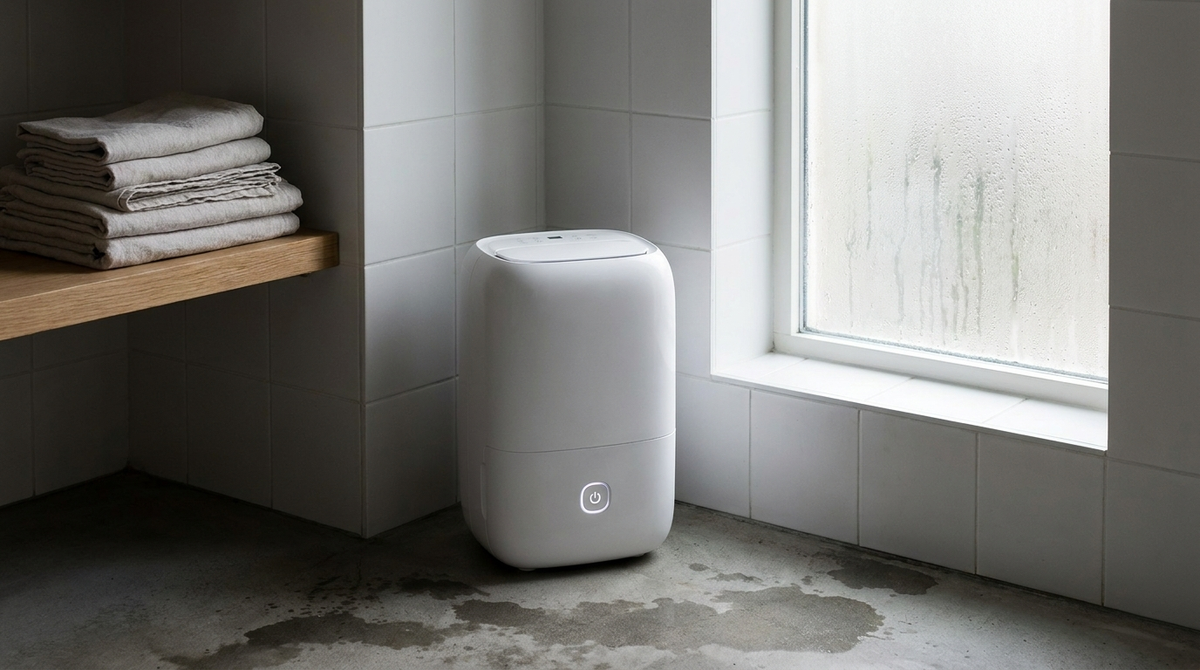 Compact dehumidifier in the corner of a slightly damp room