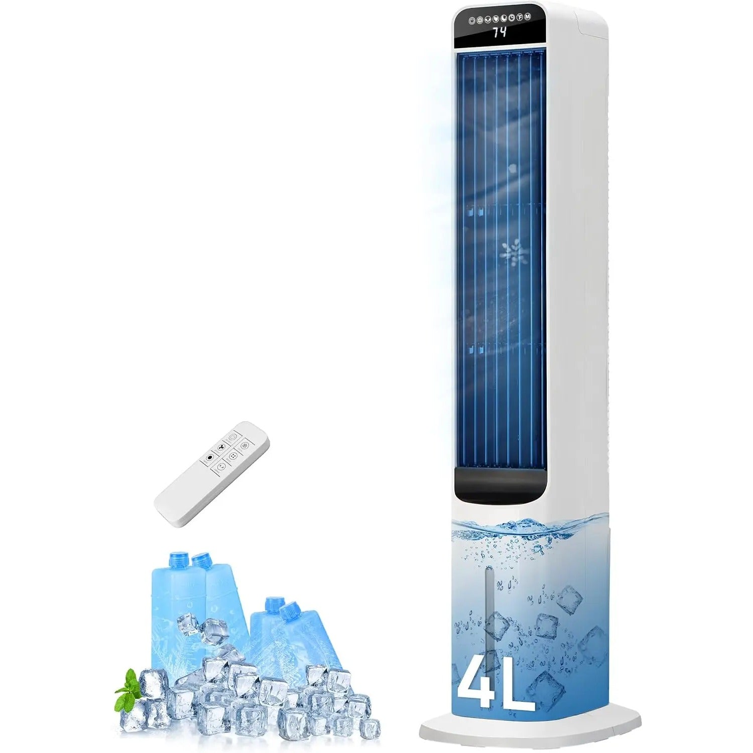 Evaporative air cooler pushing cool air across a room