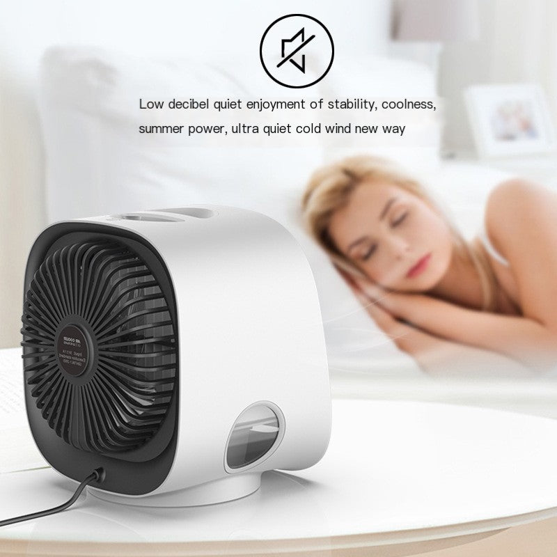 White and gray bladeless water-cooled fan on a white table, with a sleeping person in the background.