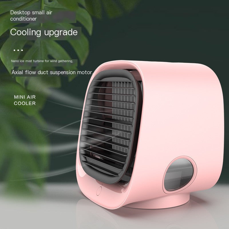 Pink, compact bladeless water-cooled fan with a black grille and clear water tank, on a desk.