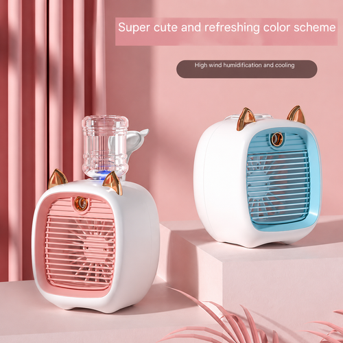 Two mini cat mist fans: one pink with a water bottle, one blue, both with gold ears.