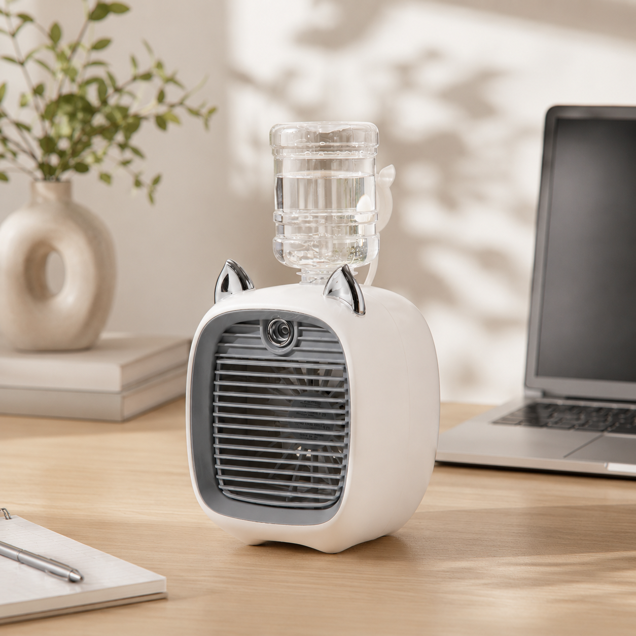 White mini cat mist fan with a water bottle, gray grill, and silver ears on a wooden desk.