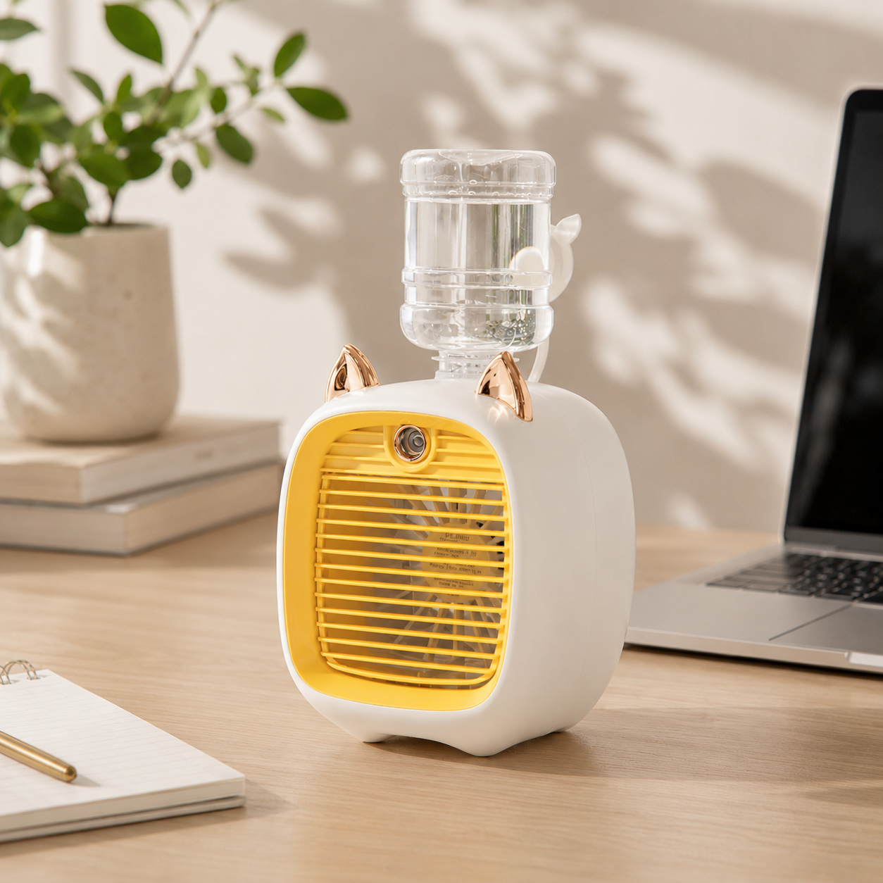White and yellow mini cat-shaped mist fan with gold ears and a clear water bottle on a wooden desk.