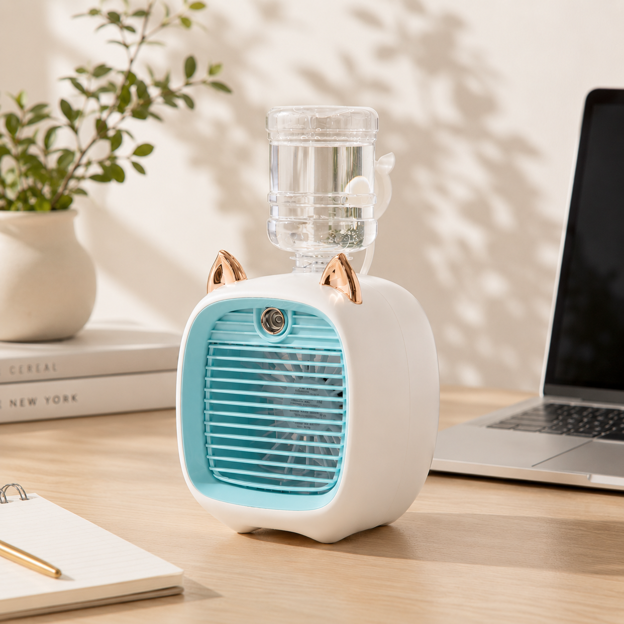 White mini cat-shaped mist fan with rose gold ears, blue grille, and clear water tank on a wooden desk.