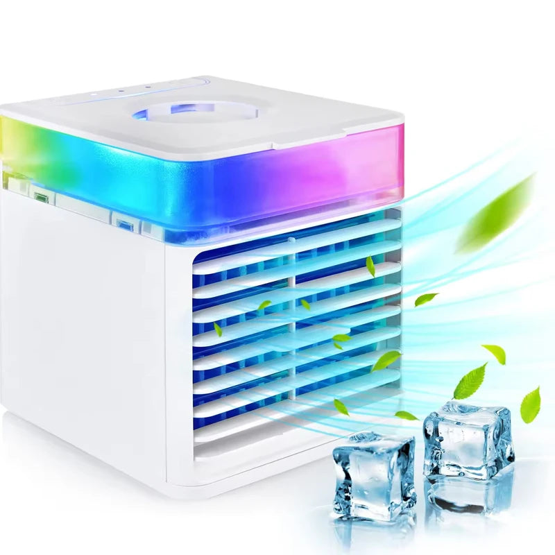 White mini water-cooled spray desk fan with colorful LED light, blowing cool air and green leaves.
