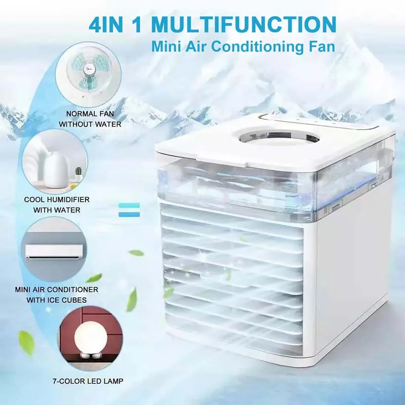 White mini water-cooled spray desk fan, compact and rectangular, with visible water tank and front vents.