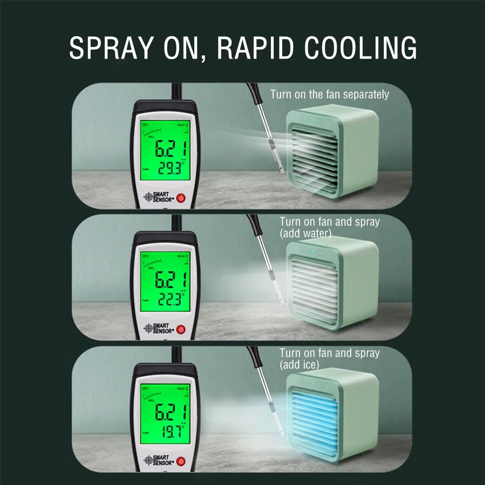 Mint green rechargeable mini air cooler and humidifier showing temperature drop with fan, water spray, and ice.