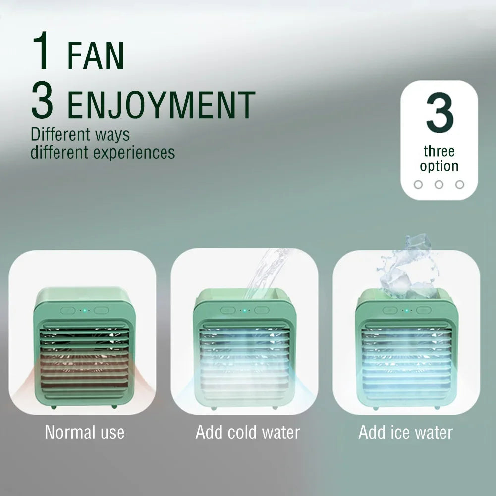 Green rechargeable mini air cooler and humidifier demonstrating normal use, cold water, and ice water misting.