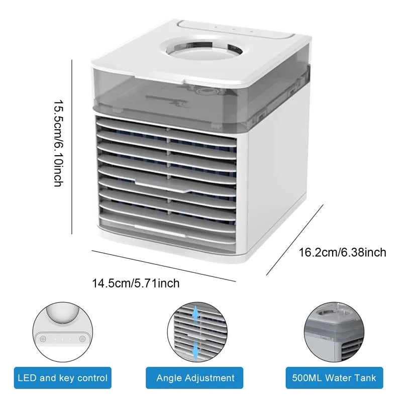 White mini water-cooled spray desk fan with a transparent water tank and adjustable front vents, showing dimensions.