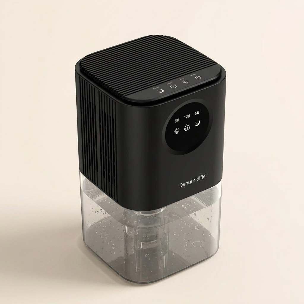 Black mini dehumidifier with colour-changing light