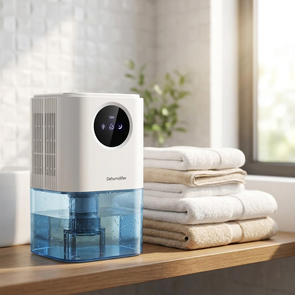 White mini dehumidifier on a bathroom shelf beside folded towels