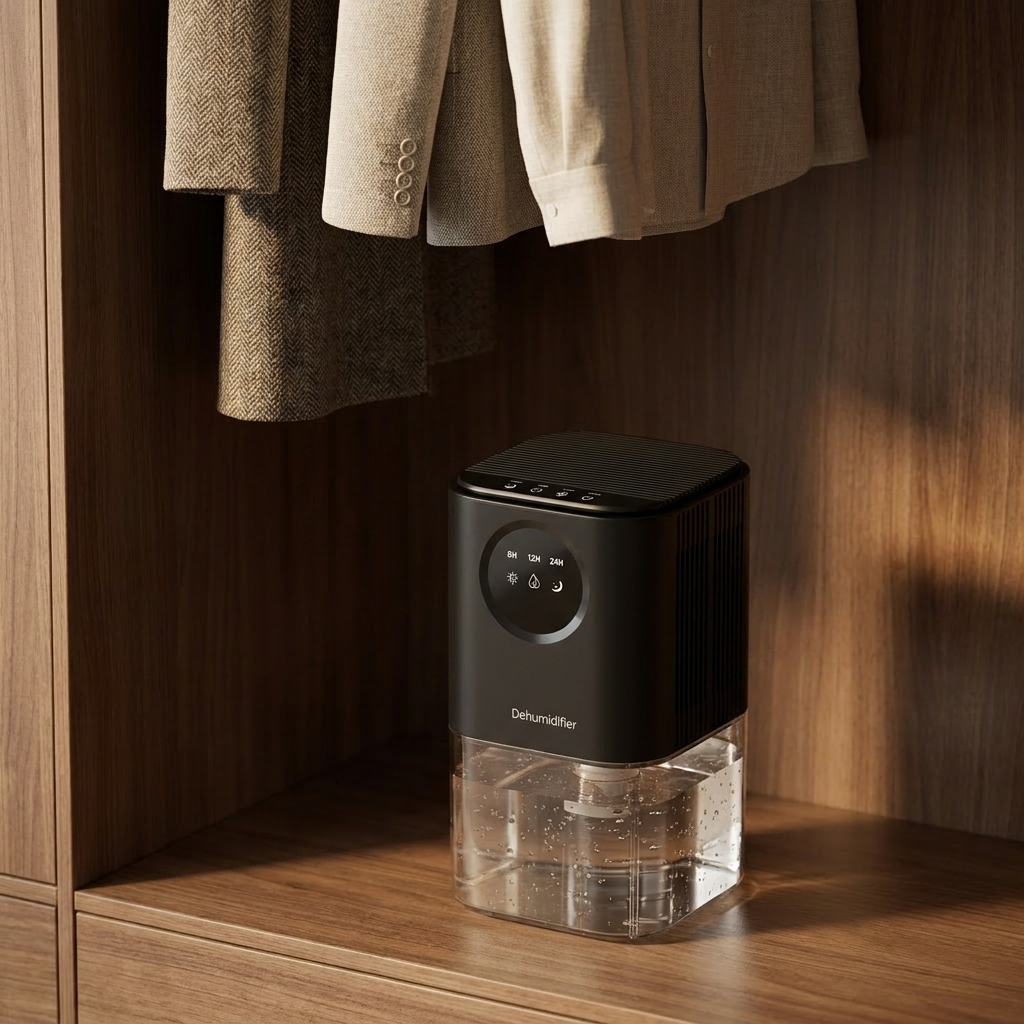 Black mini dehumidifier in a wardrobe corner beside hanging clothes