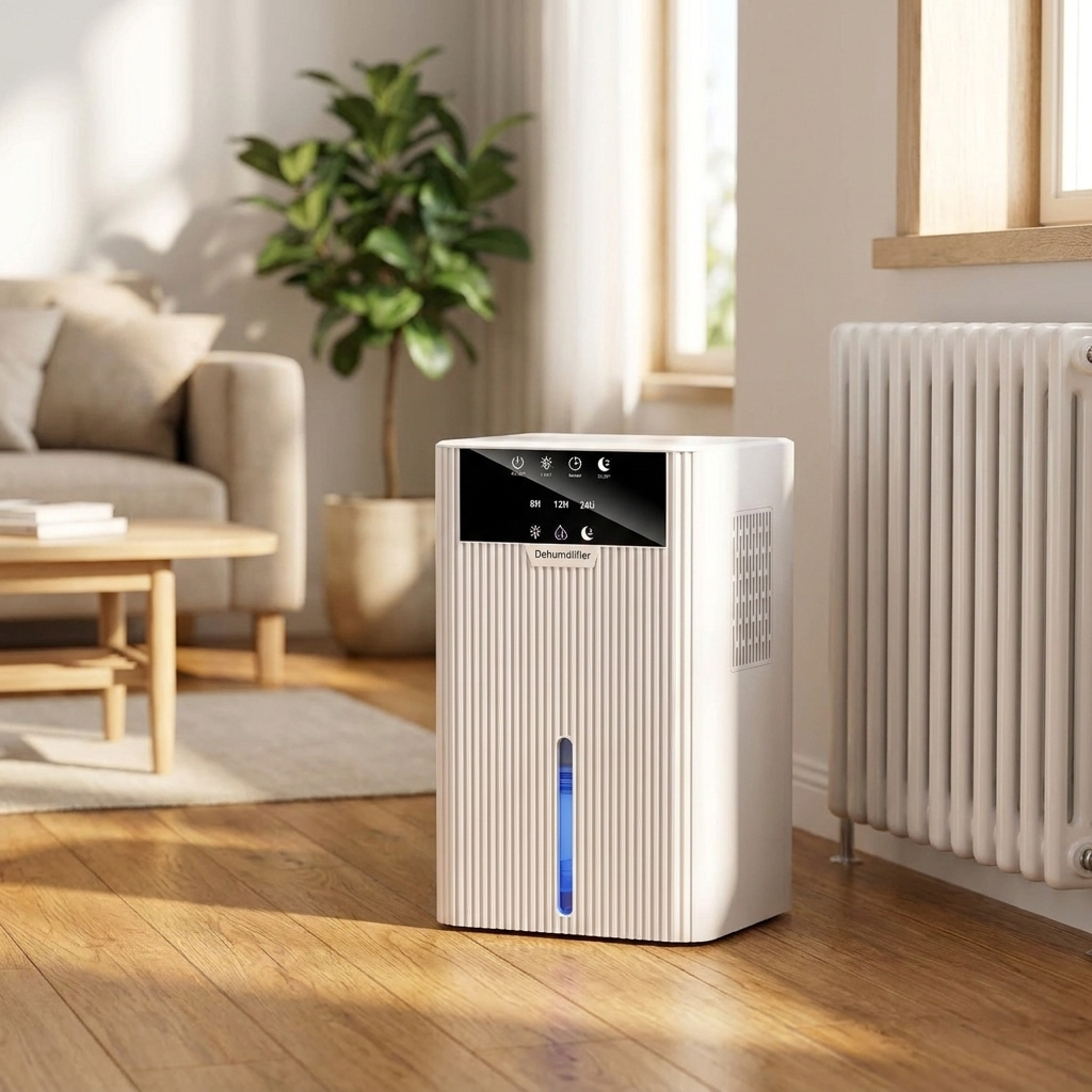 White mini dehumidifier beside a radiator in a living room