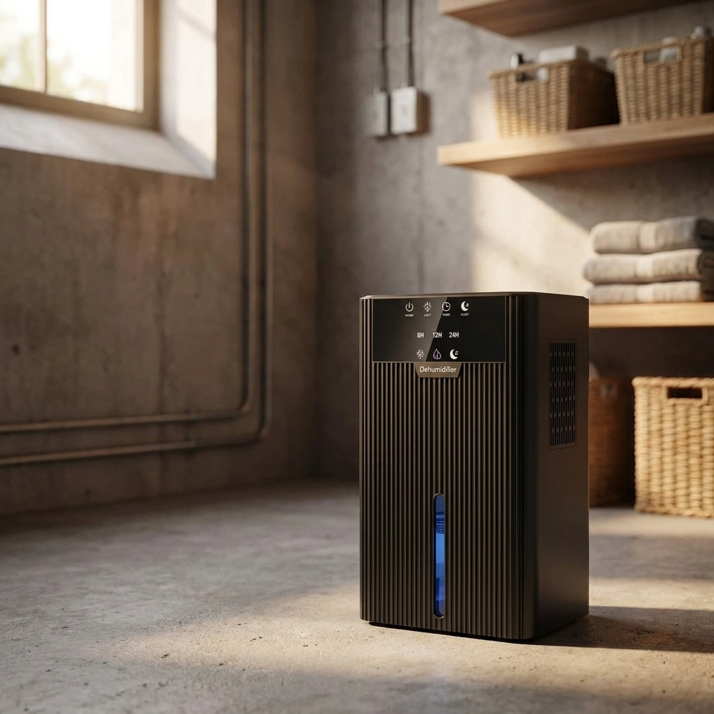 Black mini dehumidifier drying a basement utility corner