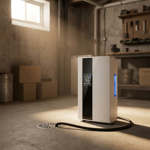 2-in-1 dehumidifier draining continuously in a basement utility room