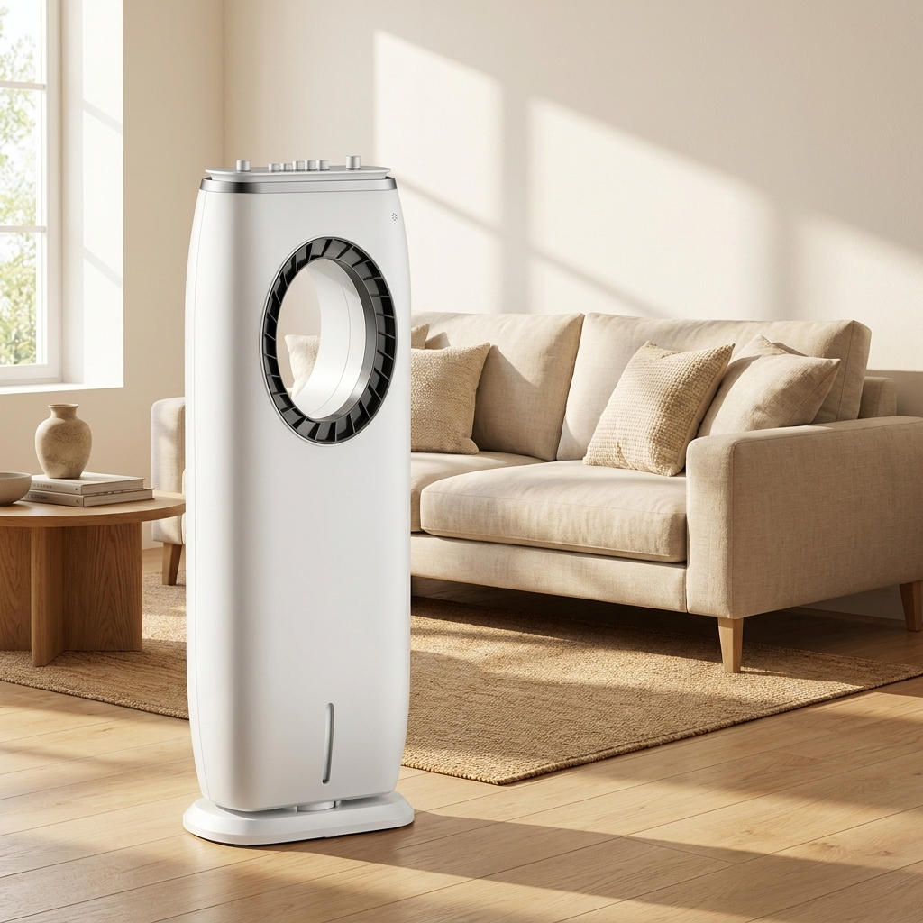 Leafless water-cooled air chiller cooling a modern living room