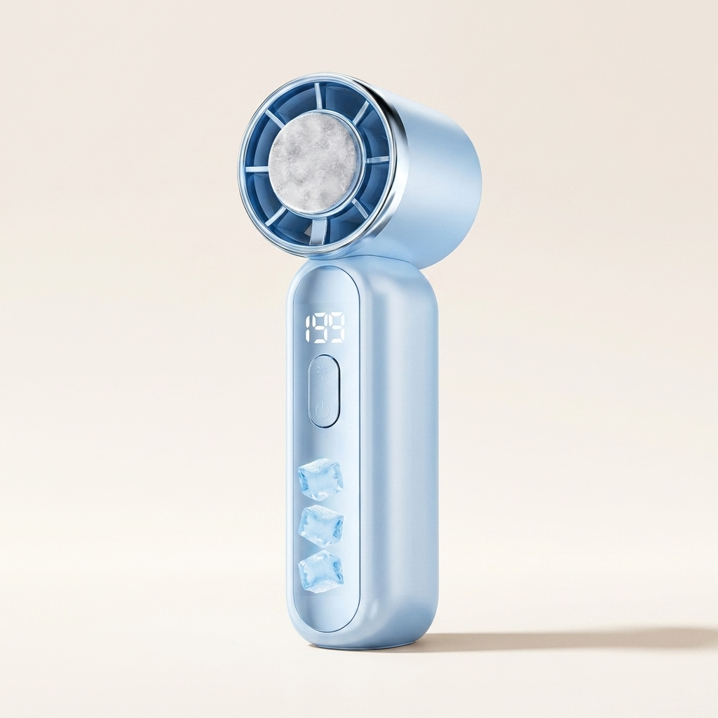Blue handheld ice cooling fan with 199 speed settings
