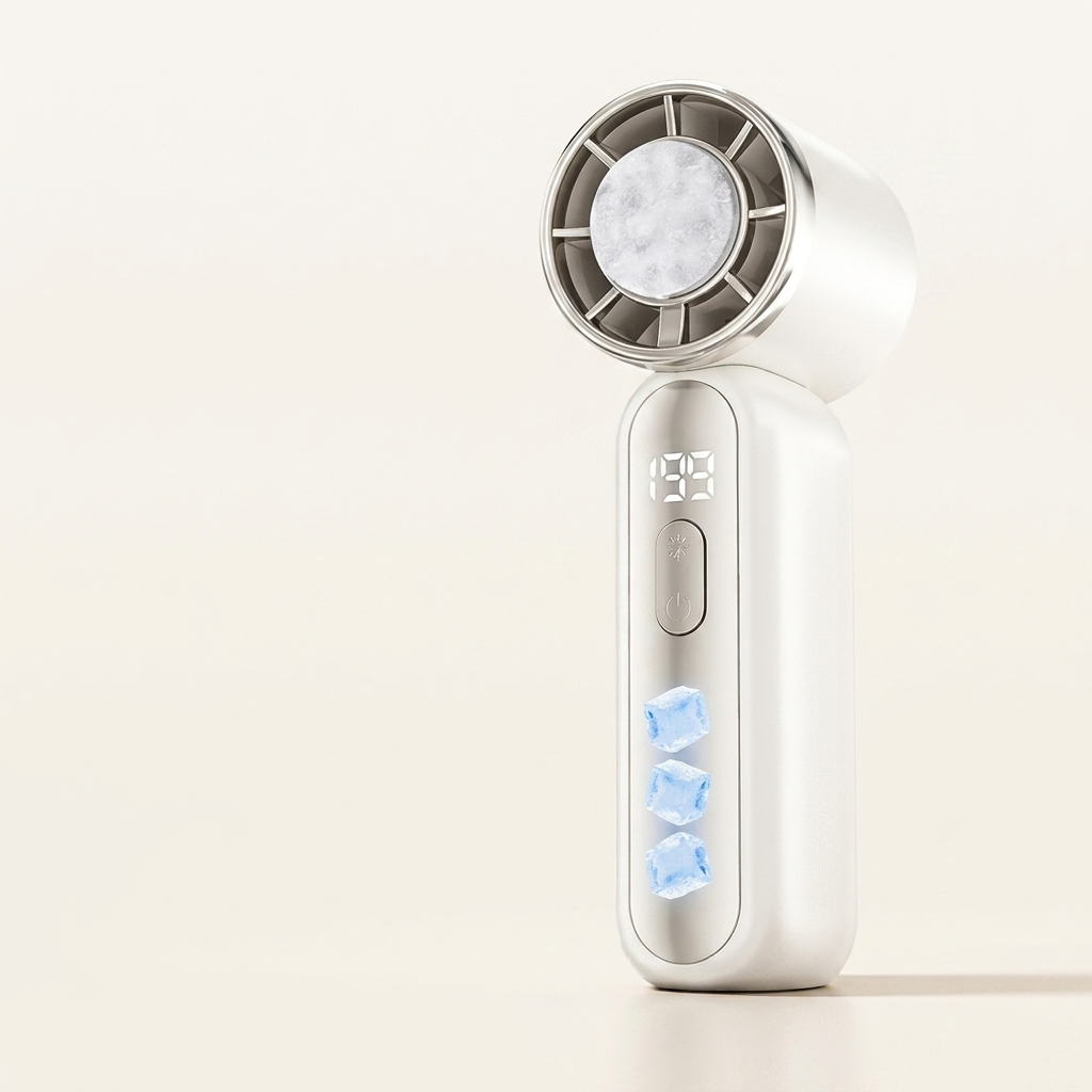 White handheld ice cooling fan with 199 speed settings