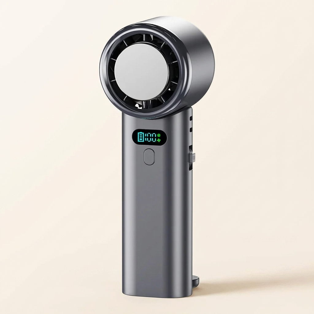 Black foldable handheld fan with ice cooling plate and LED display