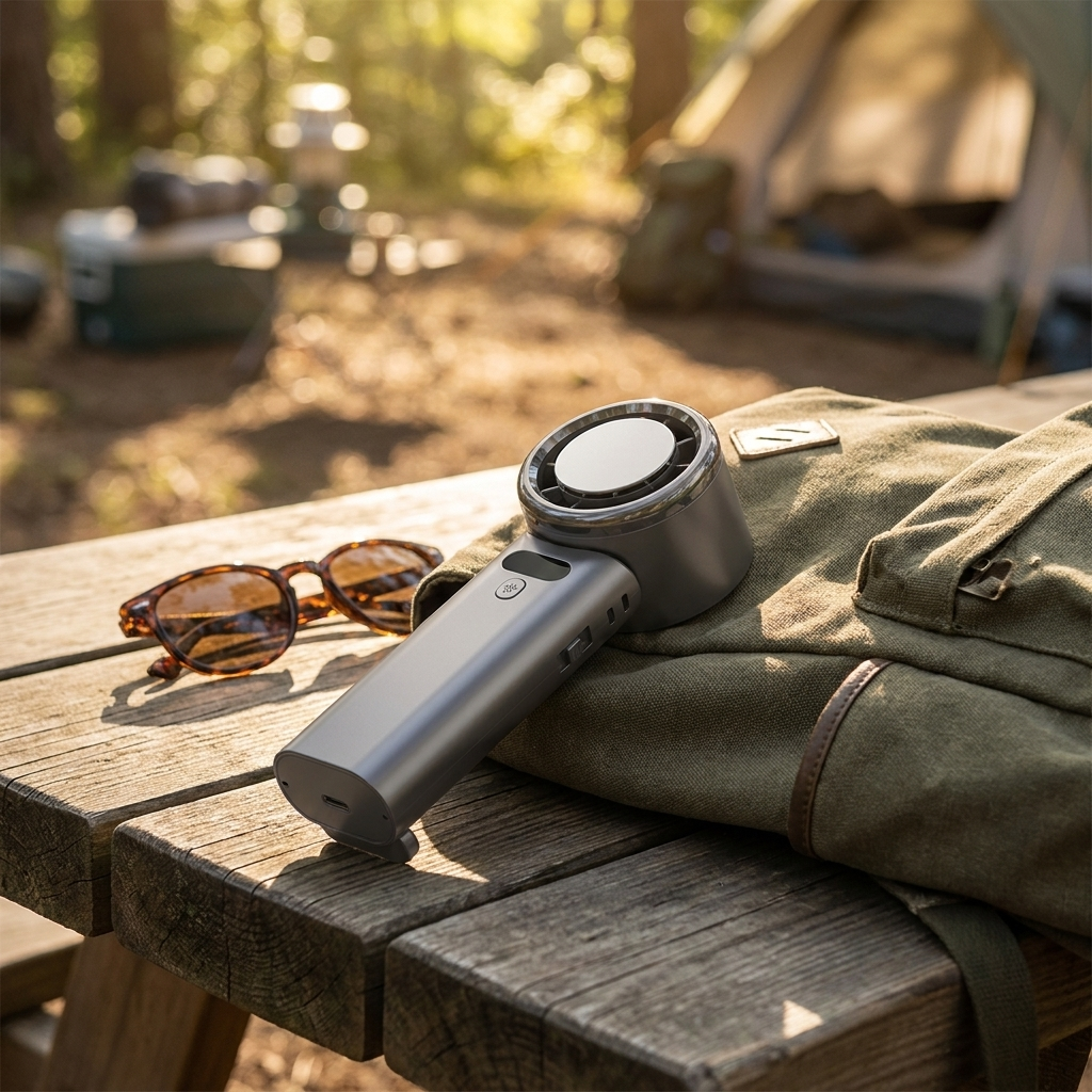 Foldable handheld fan packed flat on a backpack ready for travel