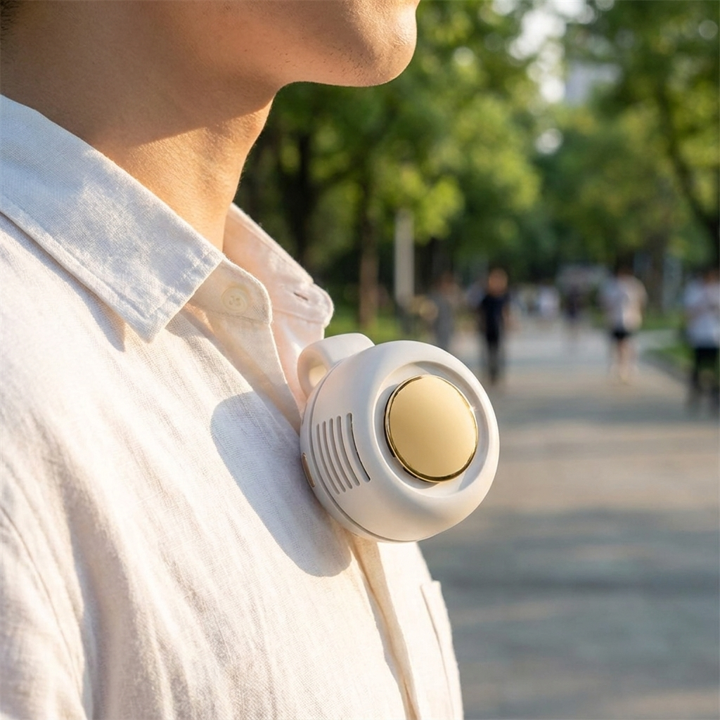 Clip-on personal fan worn on a shirt collar outdoors