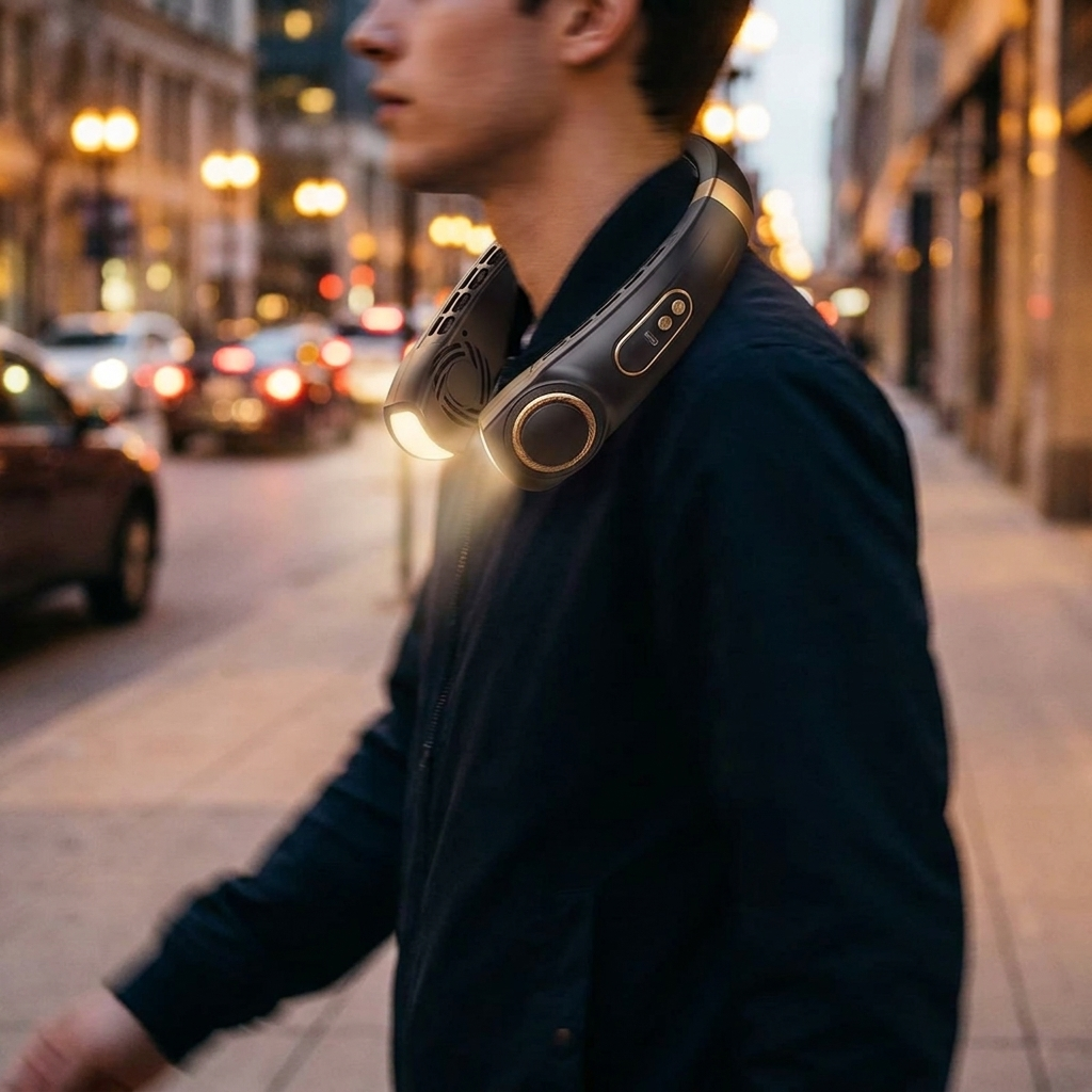 Neck fan worn hands-free on a warm evening walk