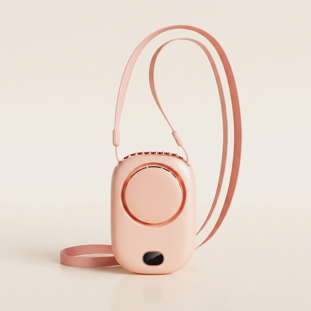 Pink bladeless hanging neck fan with adjustable lanyard