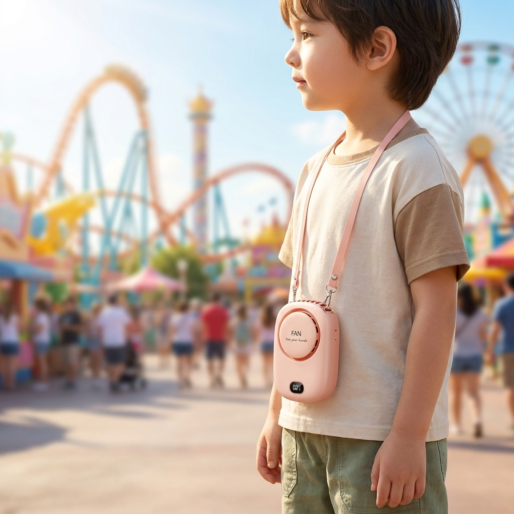 Child wearing a bladeless hanging neck fan on a hot day out