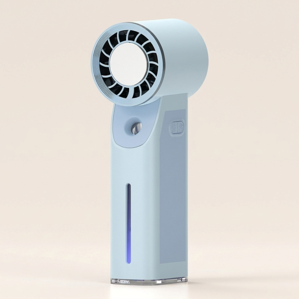 Blue handheld misting fan with water tank