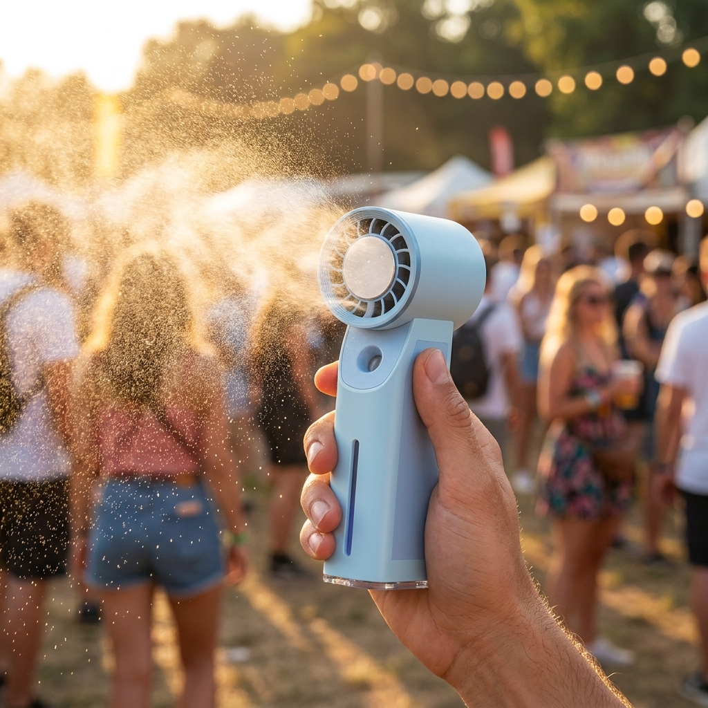 Handheld misting fan spraying cooling mist at a summer festival