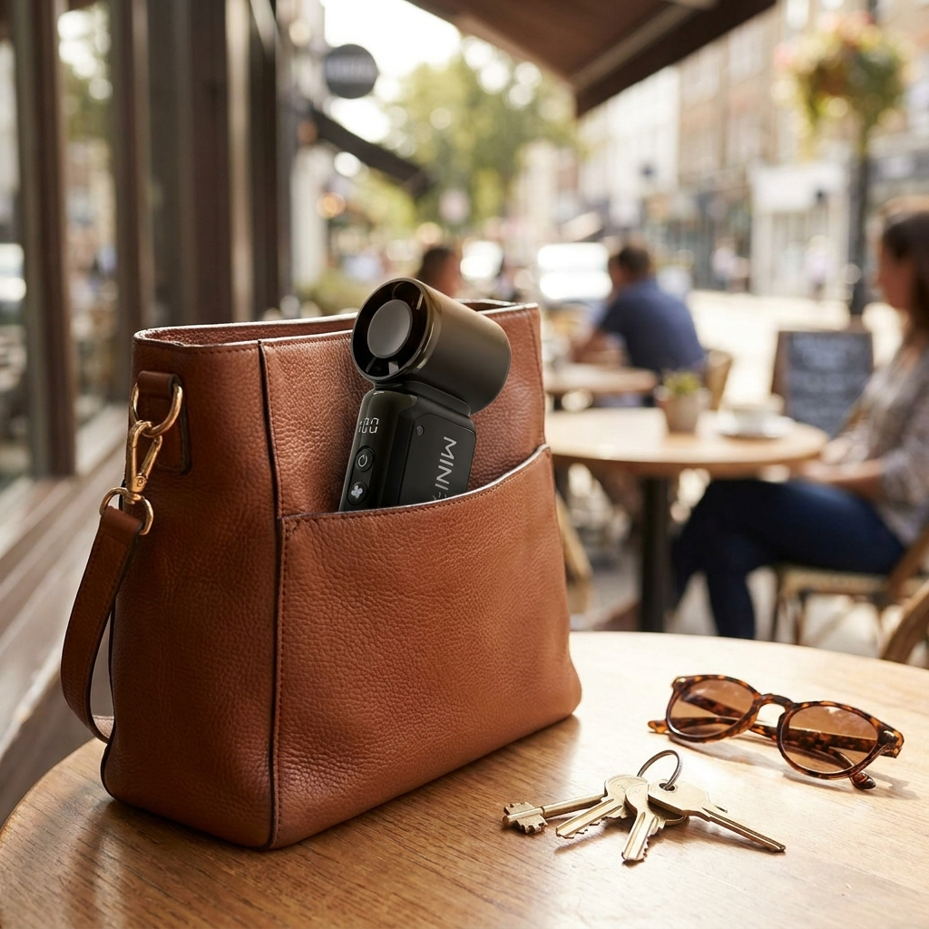 Mini pocket fan tucked into a handbag pocket at a cafe