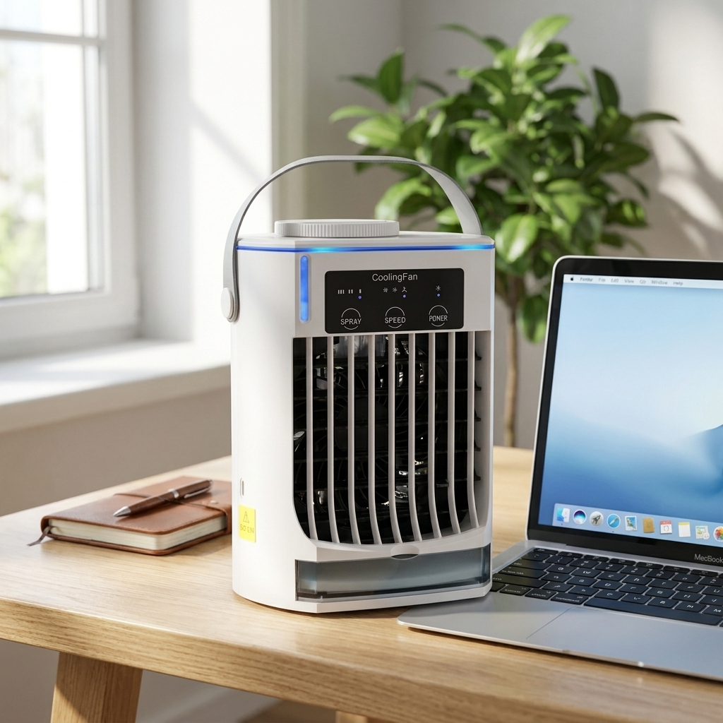 Desktop mist air cooler with blue light ring on a home-office desk