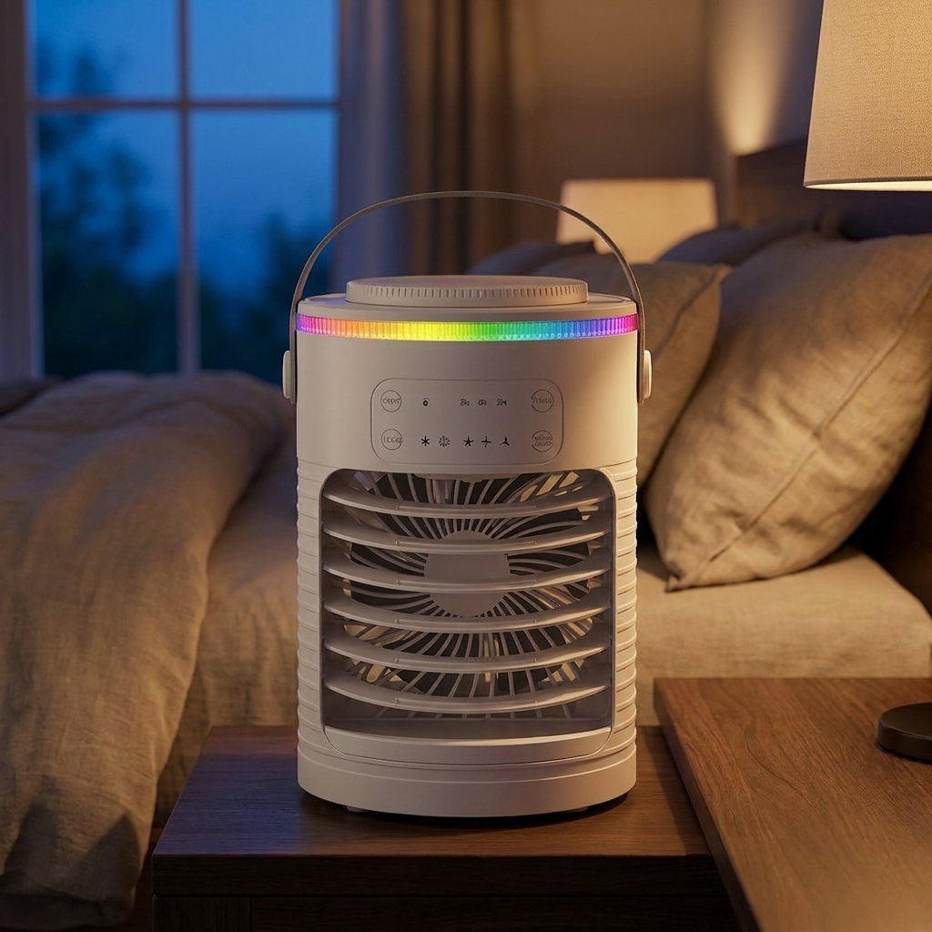 Desktop mist air cooler with colour-changing ring glowing on a bedside table