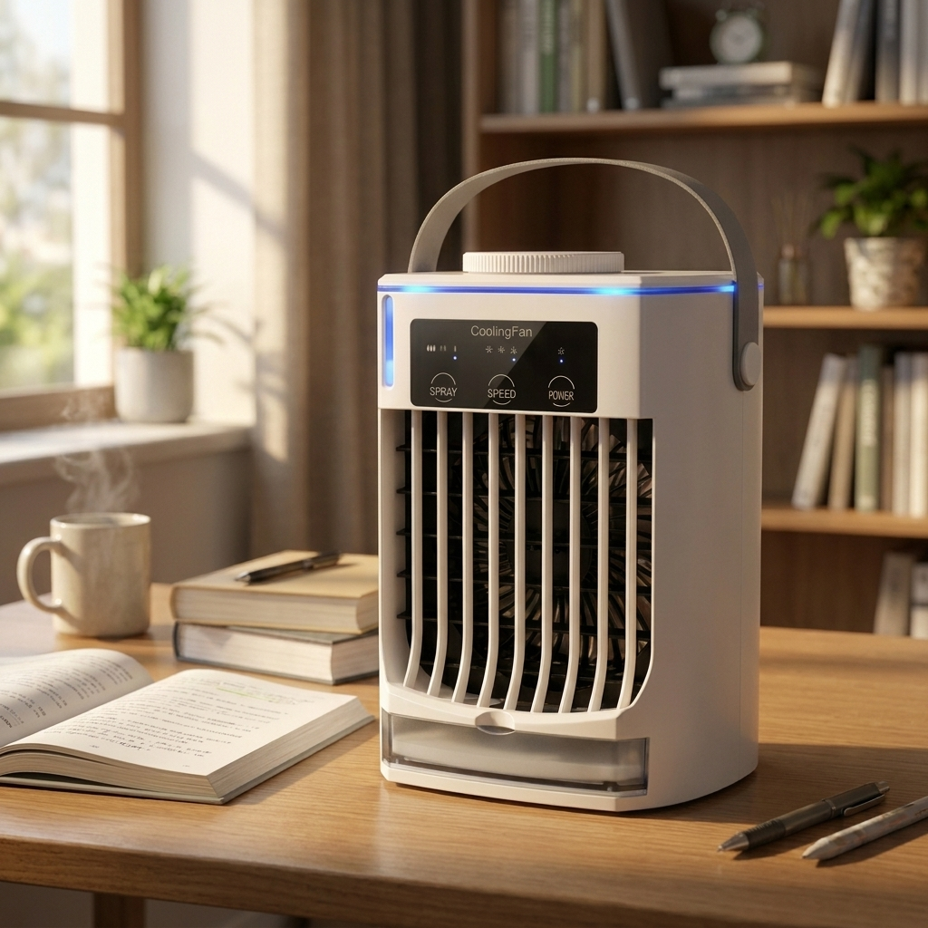 Desktop mist air cooler with carry handle on a study desk