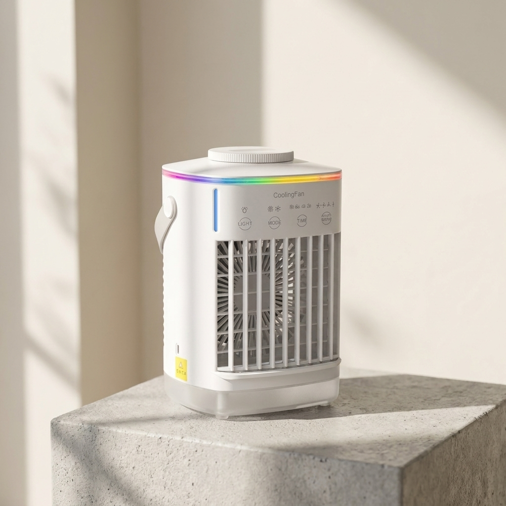 Desktop mist air cooler with dial control in a bright minimal apartment