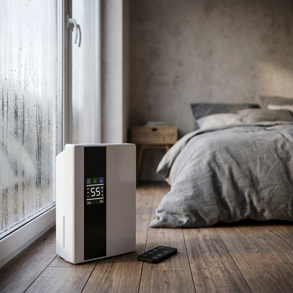 2-in-1 dehumidifier drying a damp north-facing bedroom