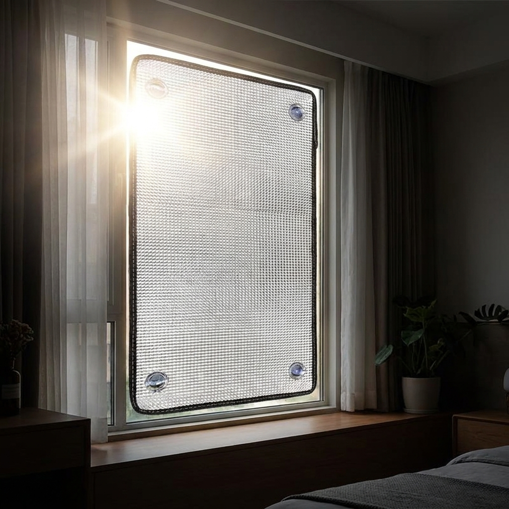 Foil insulation panel fixed to a window, blocking the summer sun from a shaded room