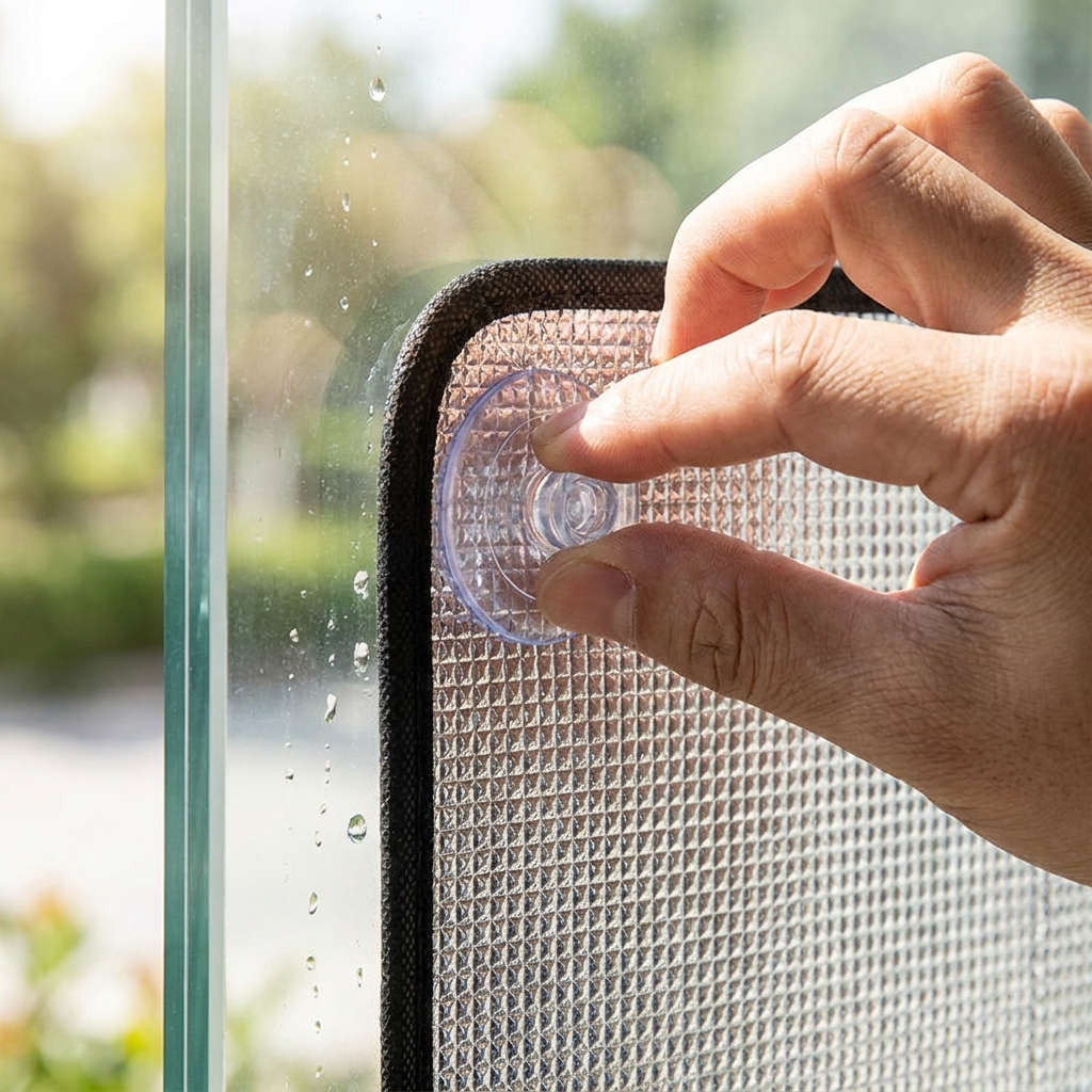 Hand pressing a suction cup of the insulation panel onto a window pane