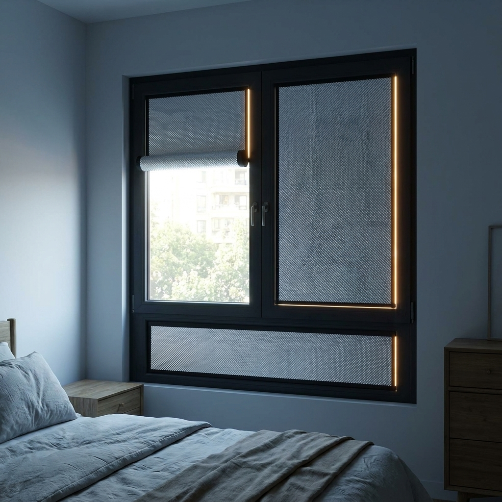 Thermal window shade blocking afternoon sun from a bedroom