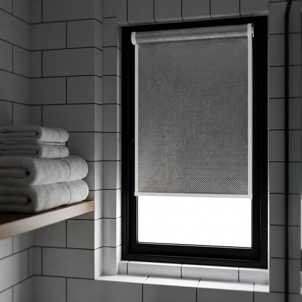 Thermal window shade fitted to a bathroom window in bright daylight