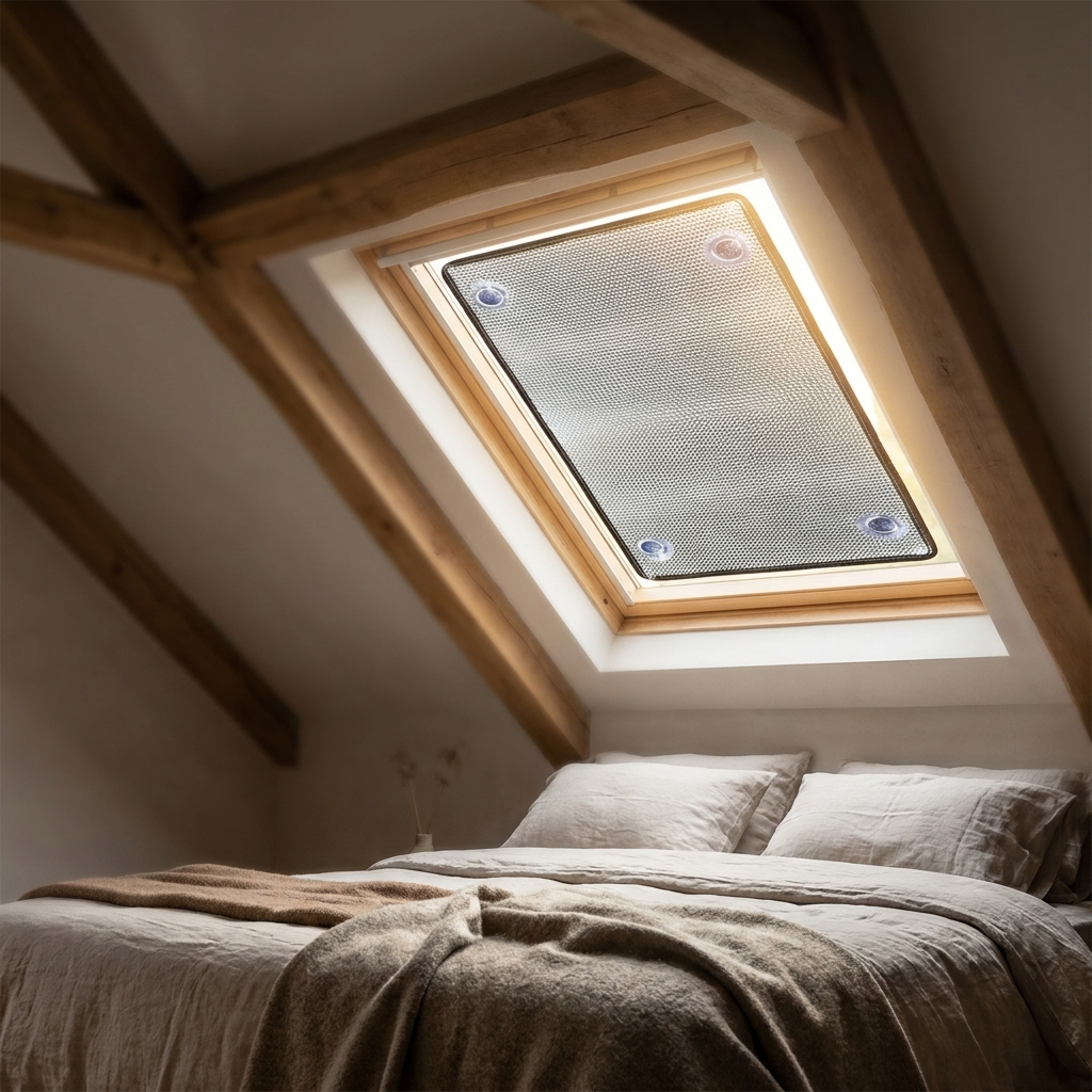 Foil insulation panel fitted to a loft skylight, shading the attic bedroom below
