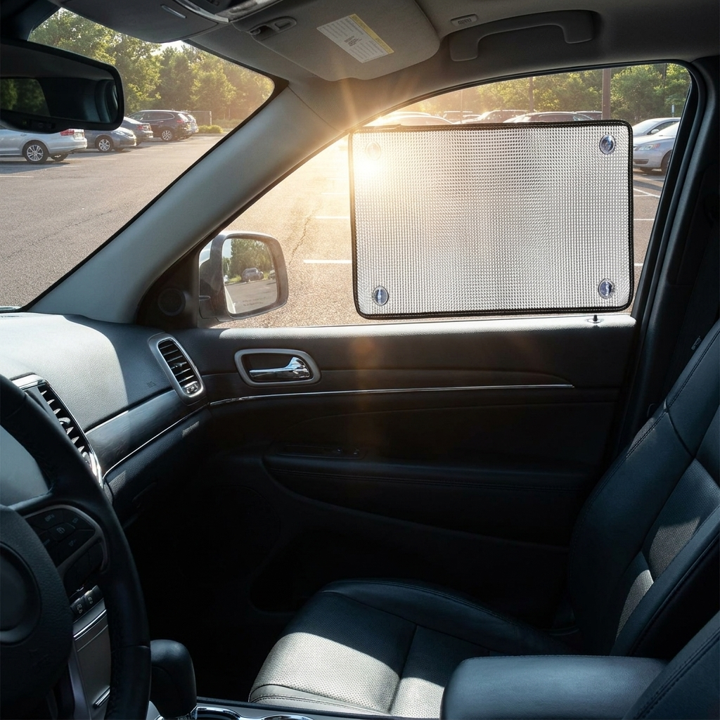 Foil insulation panel on a car side window, keeping the interior cool